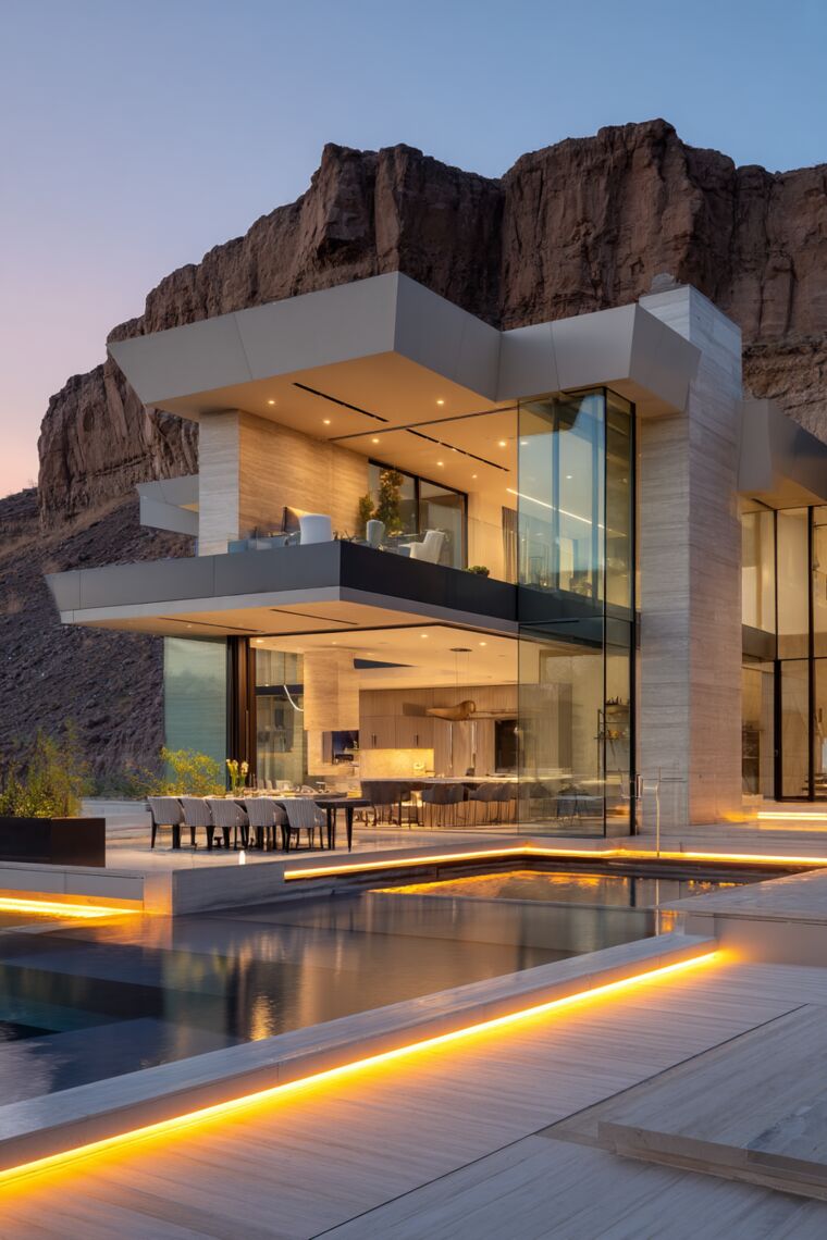 Cantilevered glass and travertine house with LED-edged reflecting pools set against red rock cliffs