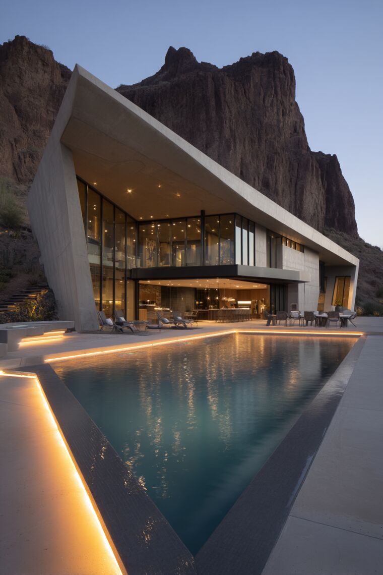 Angular concrete house with glowing amber pool edges and triangular pool beneath rugged desert peaks
