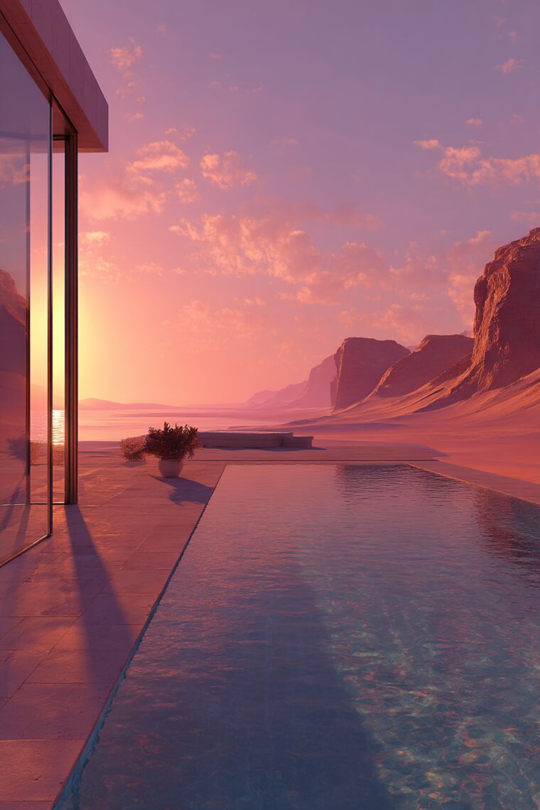 Minimalist pool beside a glass-walled villa reflecting a pink desert sunset over distant mesas