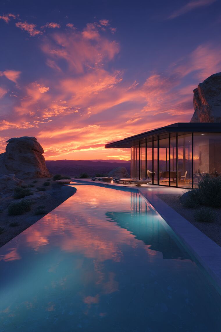 Narrow desert pool reflecting a fiery pink sunset beside a glass pavilion house