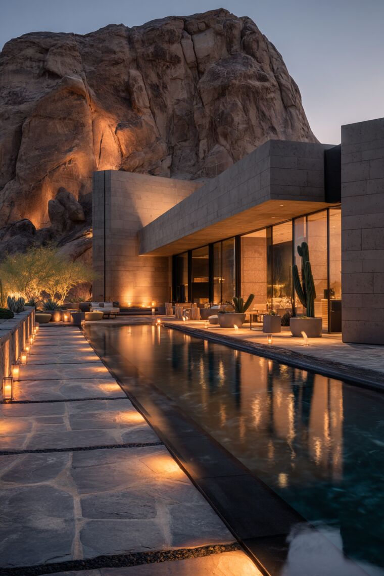 Candlelit lap pool along a stone desert villa beneath a towering rock cliff