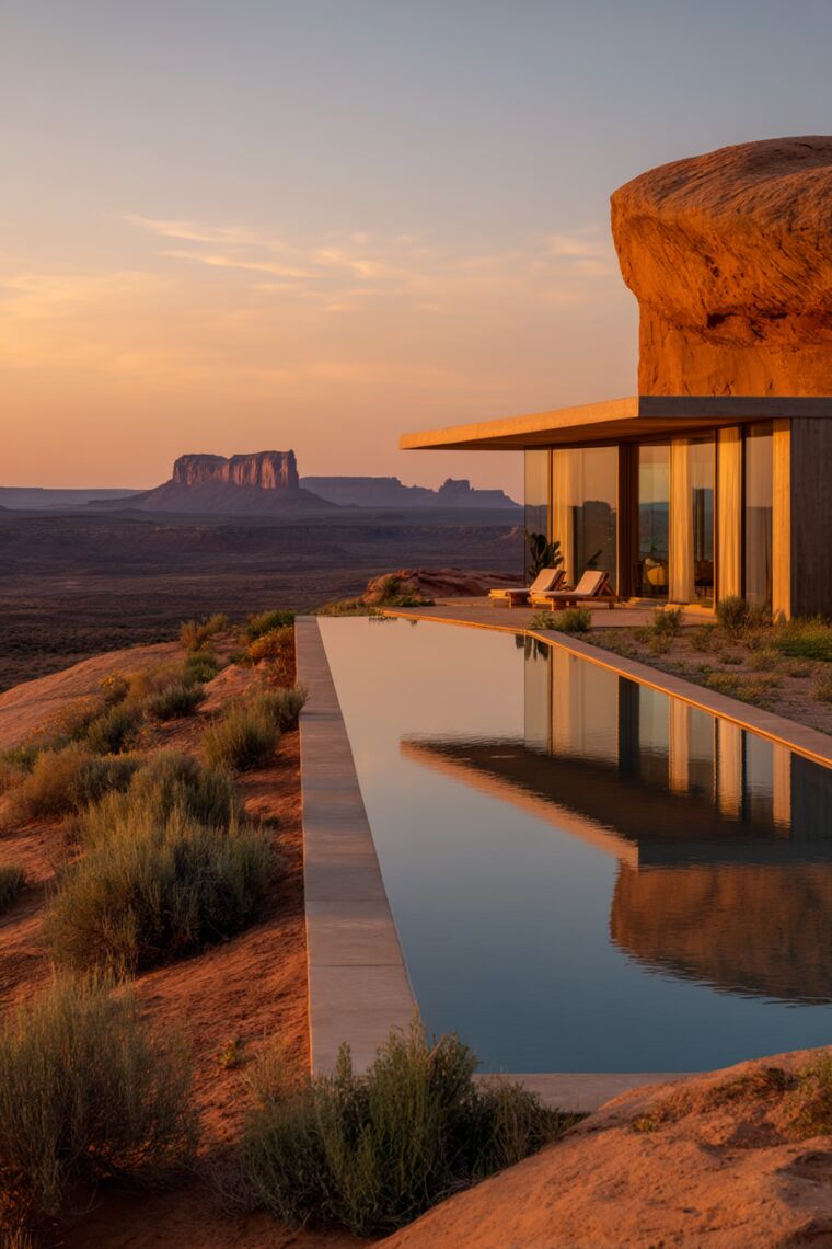 Infinity pool reflecting a glass desert home with distant mesas at golden hour