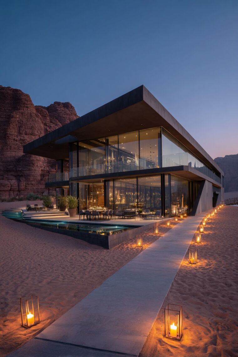 Candlelit walkway leading to a glass desert villa with pool at dusk