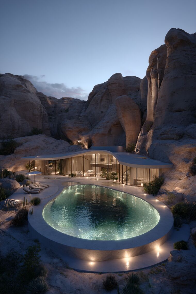 Oval illuminated pool set in a rocky canyon before a curved-roof glass villa