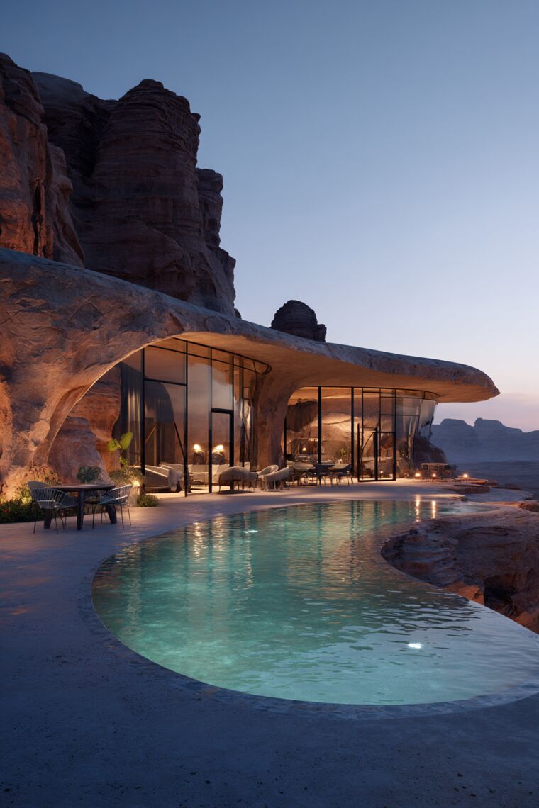 Curved turquoise pool wrapping a cave-like cliffside villa with glass walls at twilight