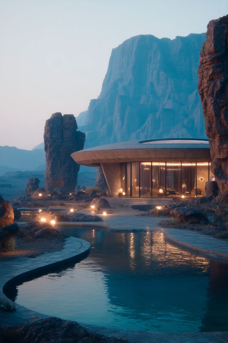 Winding lagoon pool with lanterns before a round desert pavilion under misty peaks