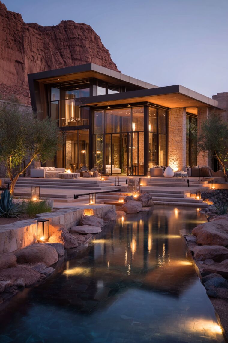 Rock-edged pool with lanterns fronting a modern stone and glass canyon house