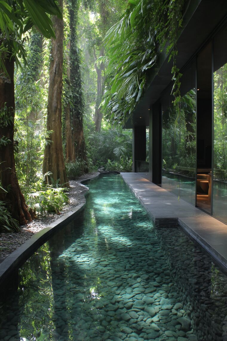 Pebble-bottomed natural pool winding through lush jungle beside a dark glass house