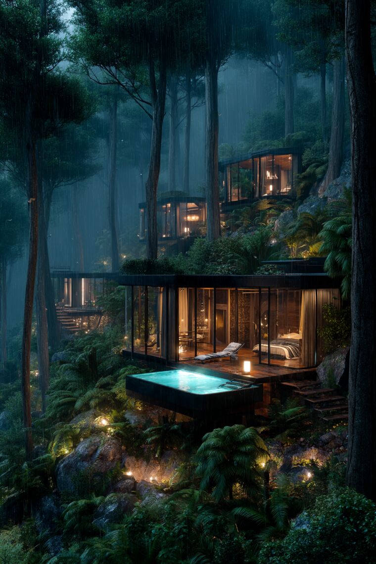 Rainy hillside forest cabins with a glowing plunge pool on a wooden deck