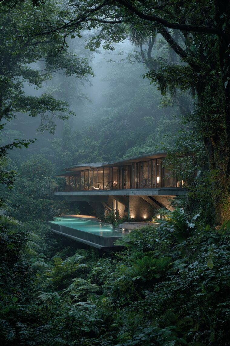Cantilevered infinity pool beneath a glass forest house shrouded in misty rainforest