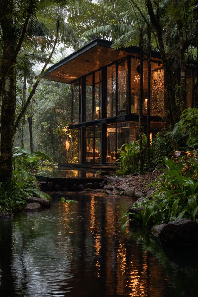 Warmly lit two-story glass jungle house reflected in a dark stone-edged pool