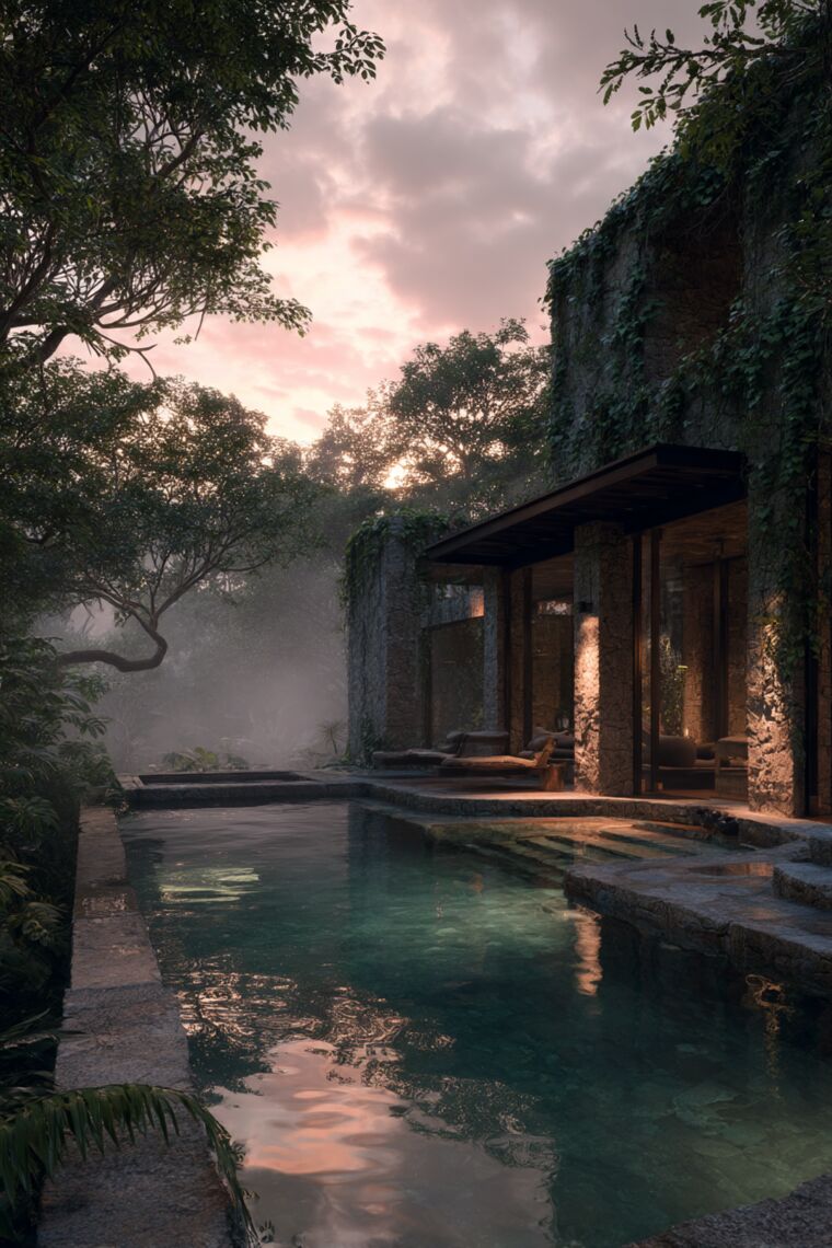 Misty stone courtyard pool at sunrise beside an ivy-covered tropical villa