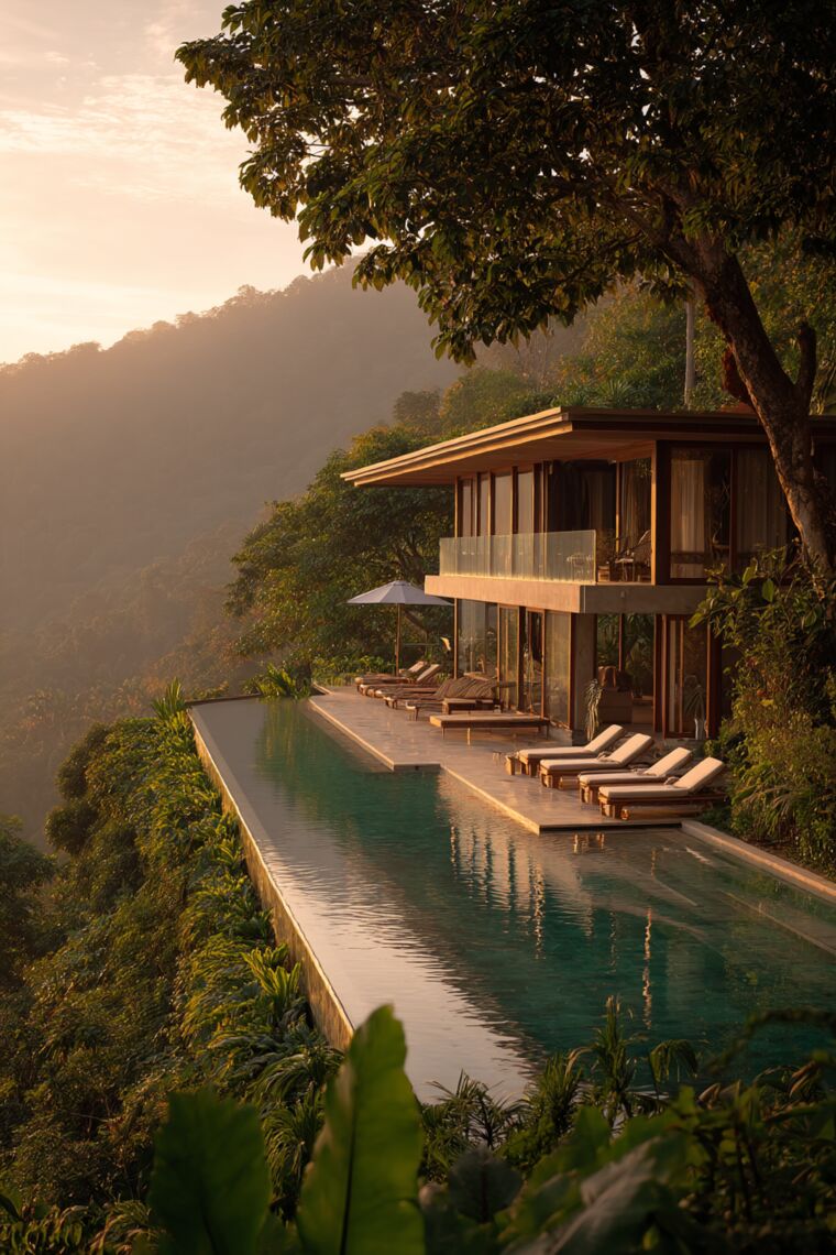 Long infinity lap pool with loungers along a hillside villa above jungle valleys