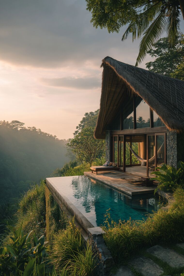 Thatched-roof Bali villa with hammock overlooking an infinity pool above misty jungle
