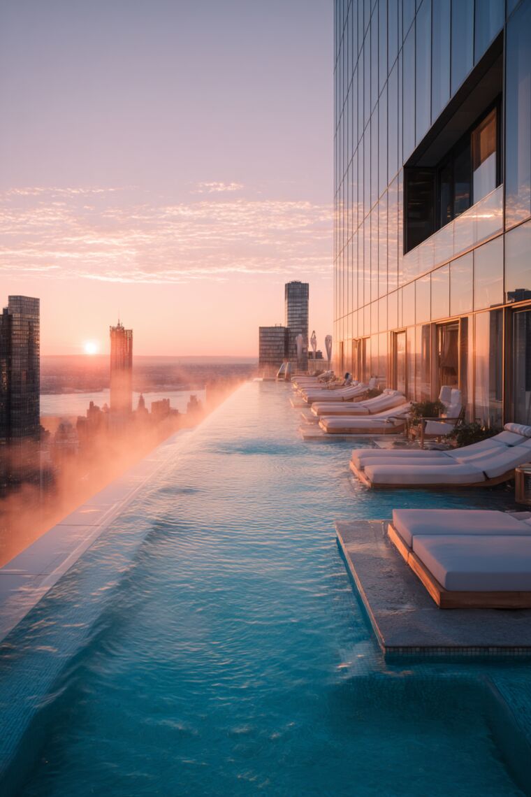 Skyscraper rooftop infinity pool with daybeds overlooking a hazy city sunset skyline