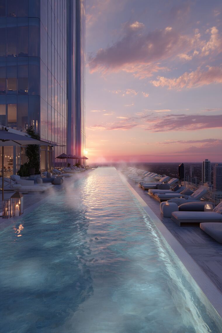 Steaming rooftop infinity pool with loungers and umbrellas at pink skyline sunset