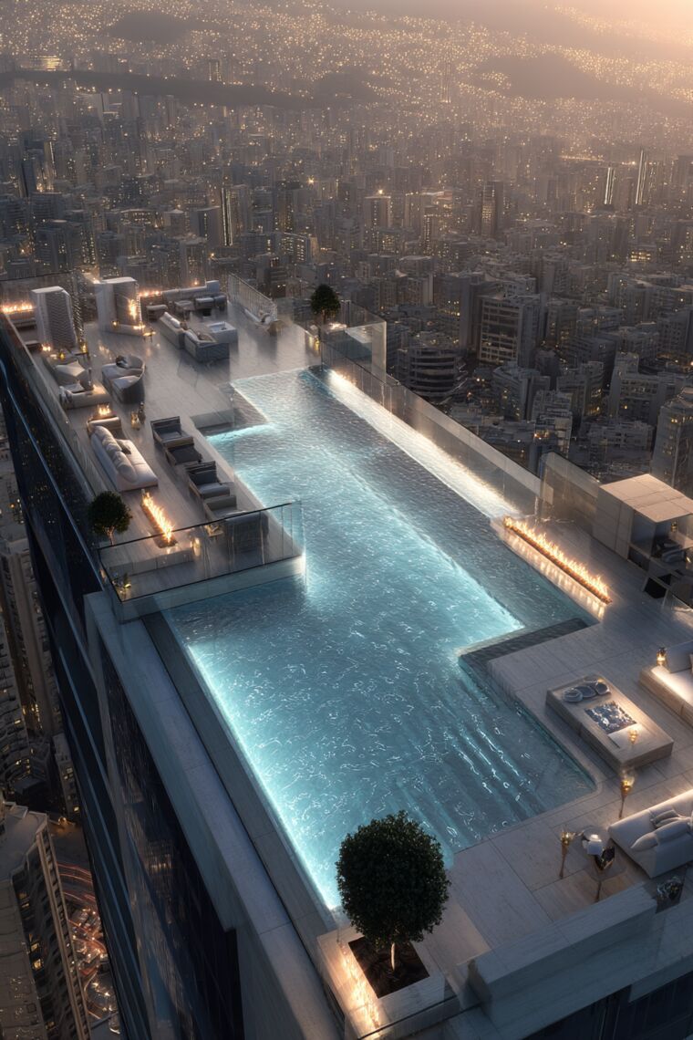 Aerial view of a glass-edged penthouse rooftop pool above a glittering night city