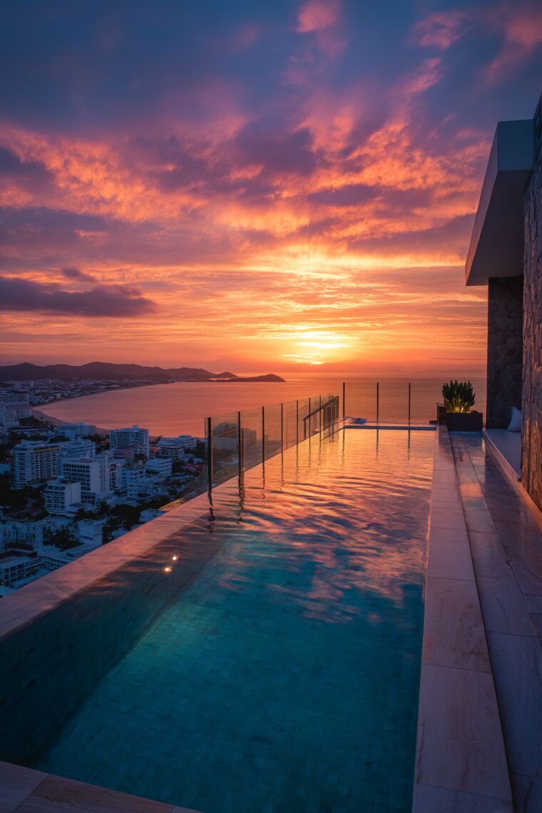 Glass-railed rooftop infinity pool reflecting a fiery orange sunset over a coastal town