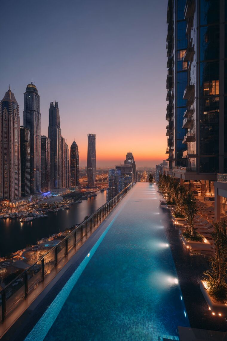 Long rooftop infinity lap pool overlooking Dubai Marina skyscrapers and harbor at twilight