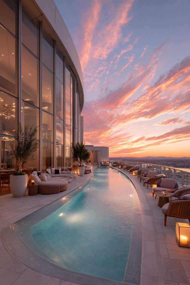 Curved hotel rooftop pool with lounge seating beneath swirling pink sunset clouds