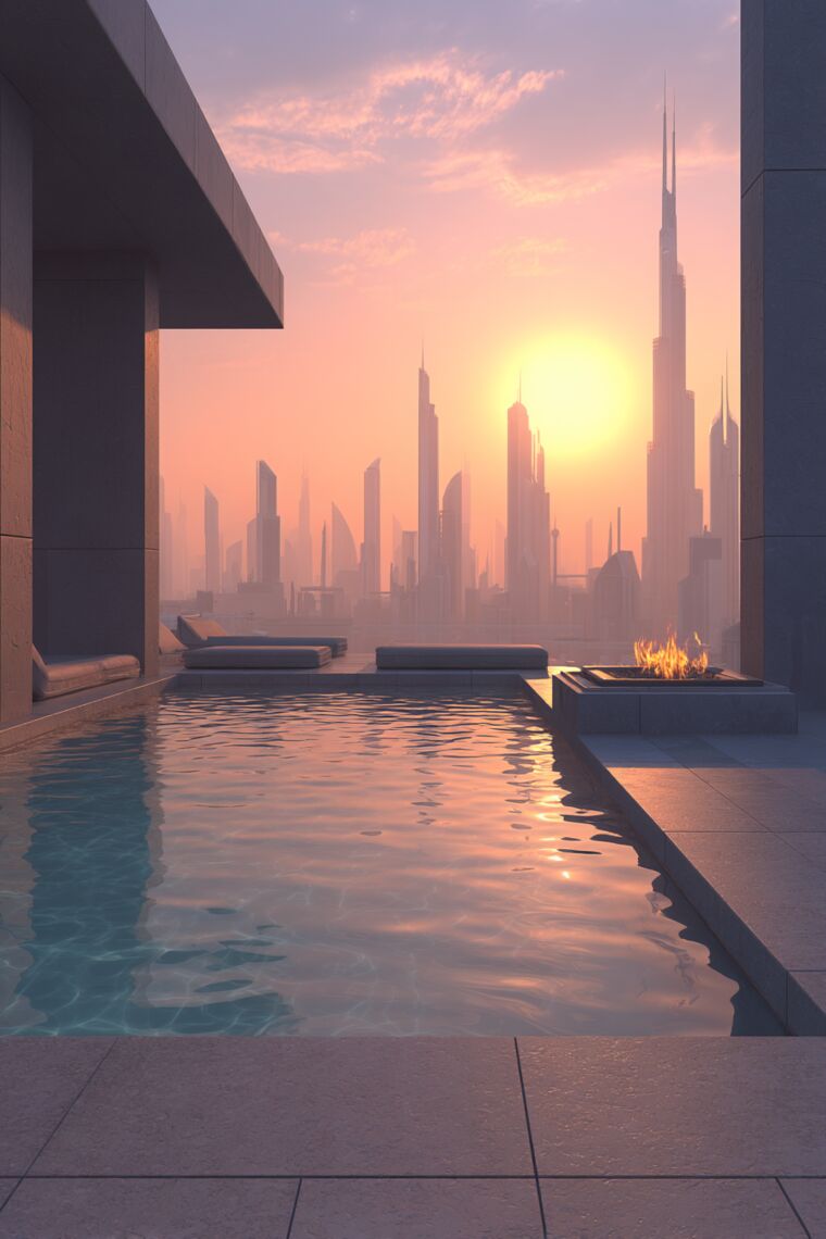Minimalist rooftop pool with fire pit facing a hazy futuristic skyline at sunrise