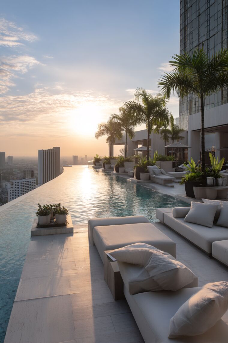 Palm-lined rooftop infinity pool with white daybeds glowing in soft morning sunlight