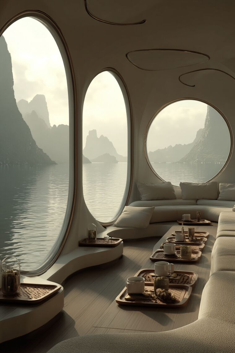 Futuristic lounge with oval porthole windows framing misty limestone karst mountains over calm water