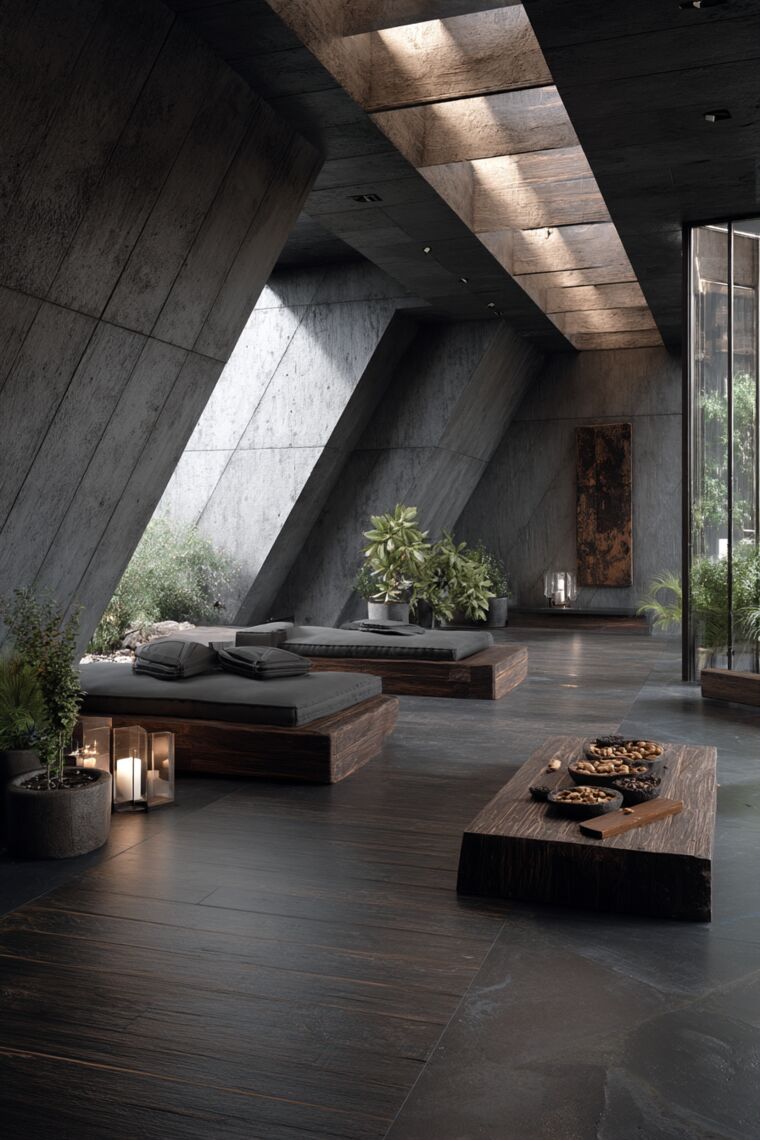 Brutalist concrete lounge with low wooden platform daybeds, skylight beams, and potted greenery