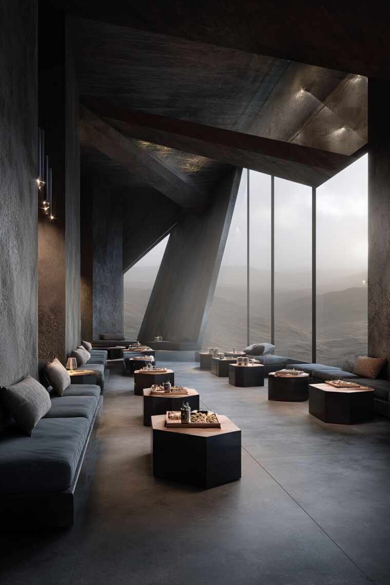 Dramatic dark concrete lounge with angular ceiling and vast window onto desert hills
