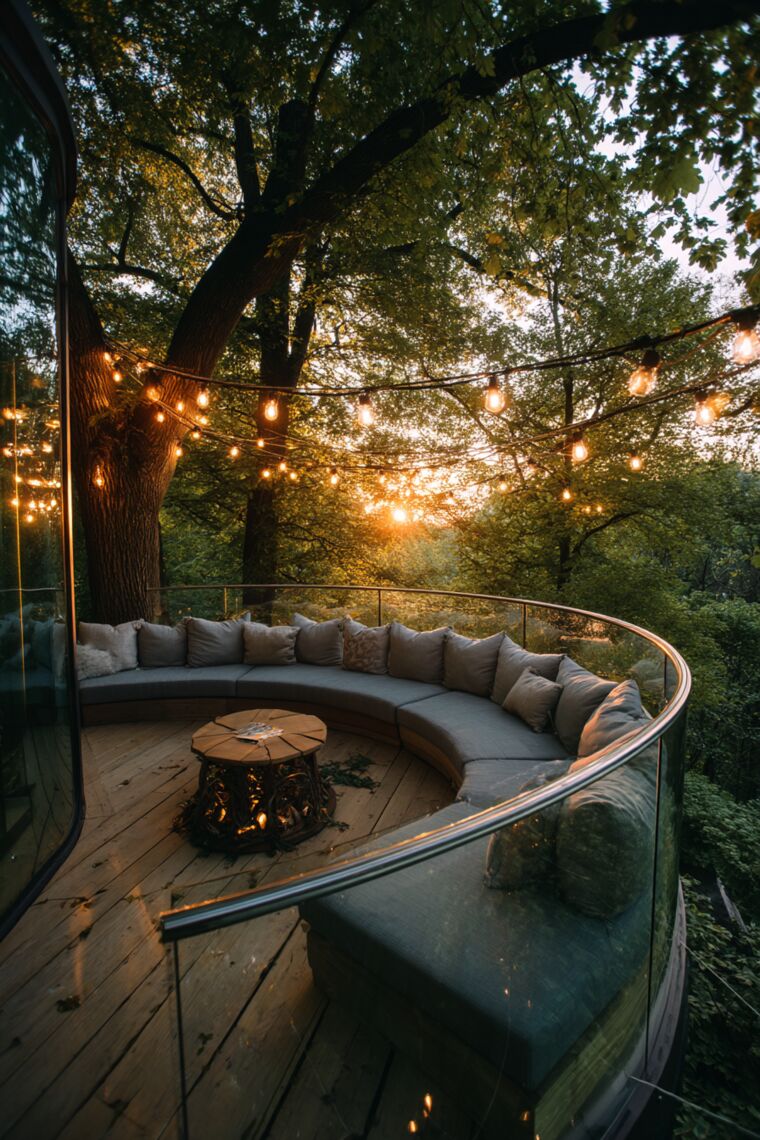 Circular glass-railed deck with curved sofa and festoon lights glowing at forest sunset