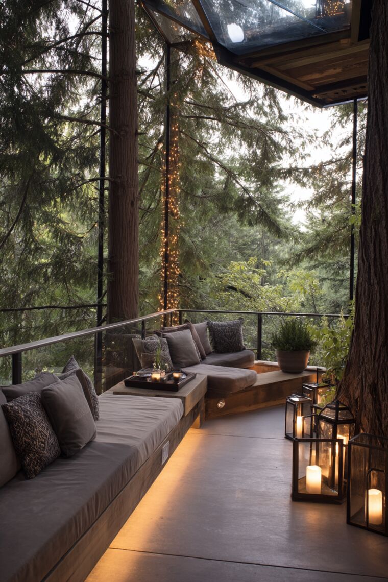 Forest balcony with built-in bench sofas, candle lanterns, and fairy-lit evergreen trunks
