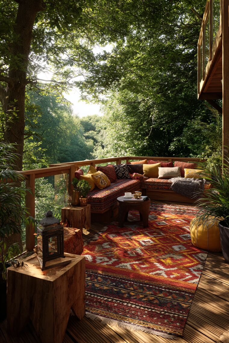 Bohemian treetop deck with layered kilim rugs, patterned cushions, and dappled sunlight