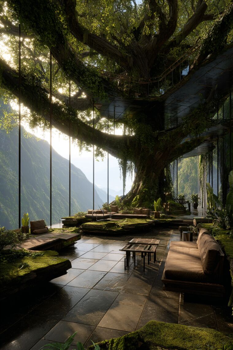 Glass-walled atrium built around a giant mossy tree with stone benches and mountain views