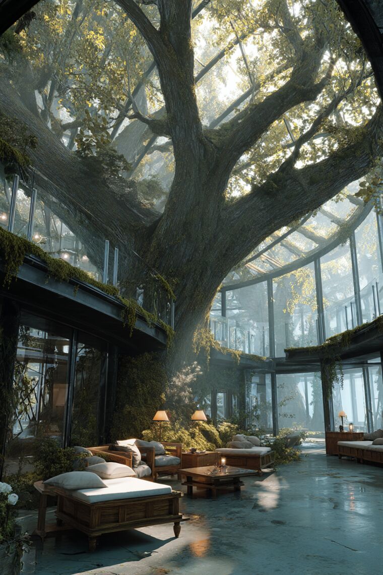 Sunlit glass conservatory lounge wrapped around a massive oak with daybeds and lamps
