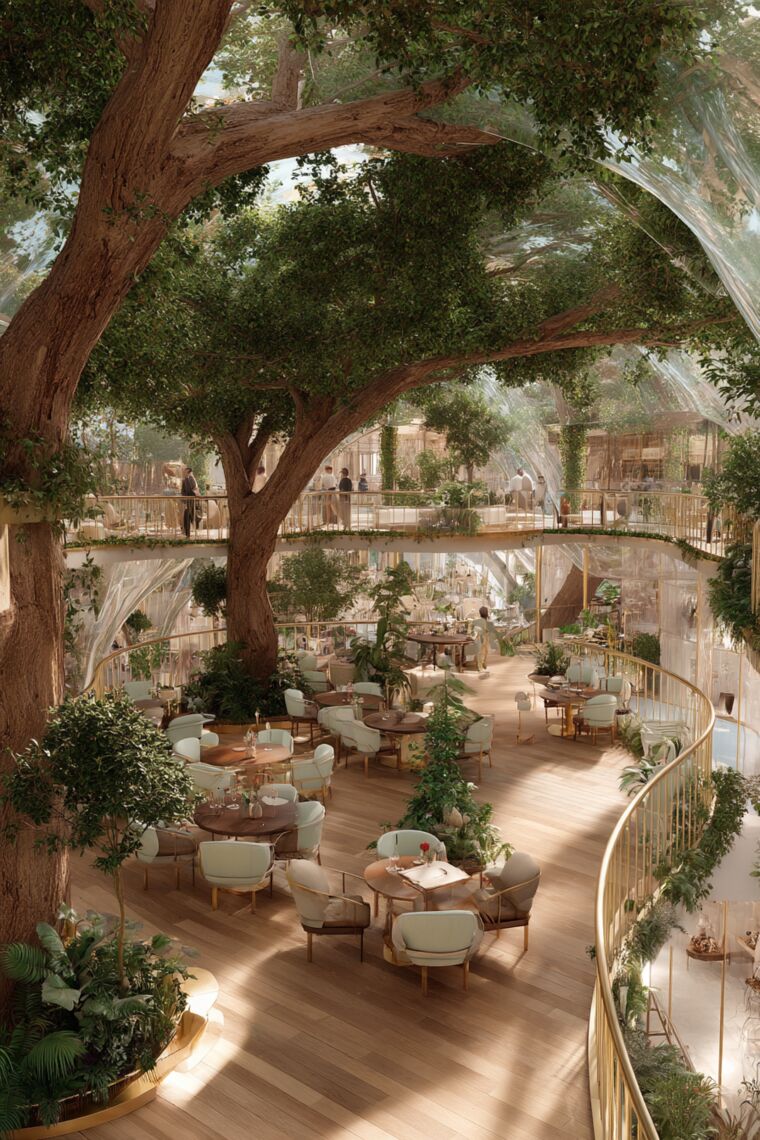 Airy tiered atrium restaurant with dining tables nestled beneath sprawling indoor trees