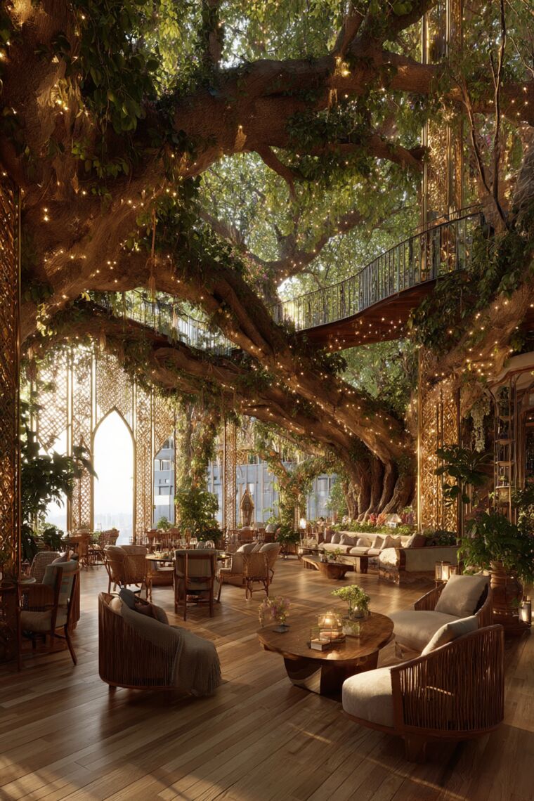 Opulent lounge with arched lattice windows and fairy-lit tree branches spanning the ceiling
