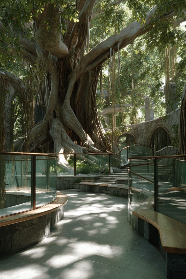 Ancient banyan tree courtyard with curved glass railings, stone arches, and dappled shade