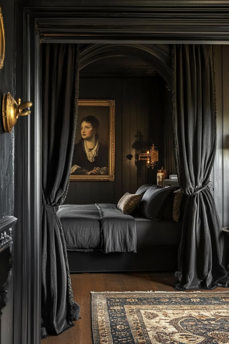 Charcoal bedroom alcove framed by velvet drapery, with a gilt-framed portrait and brass sconce glowing beside the bed