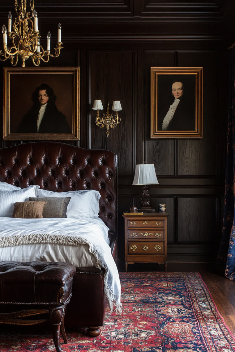 Dark wood-paneled bedroom with a tufted leather headboard, gilt-framed portraits and a crystal chandelier over a Persian rug