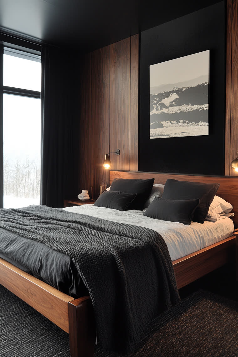 Moody bedroom with a walnut headboard, black knit throw and a black-and-white mountain print against dark paneled walls