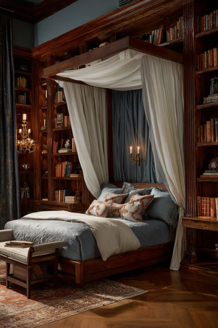 Canopy bed built into dark walnut bookshelves, with sheer white drapery and candlelight against a blue velvet backdrop