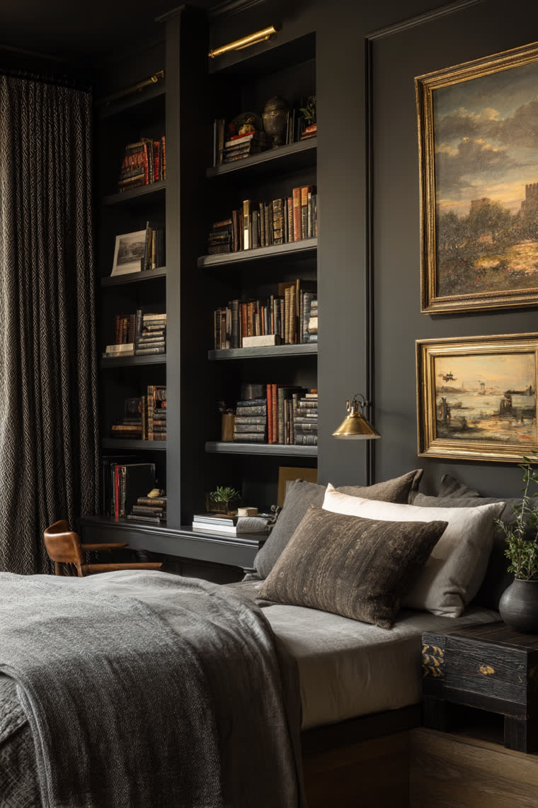 Built-in dark bookshelves stacked with leather-bound volumes beside a daybed layered with brown and cream pillows