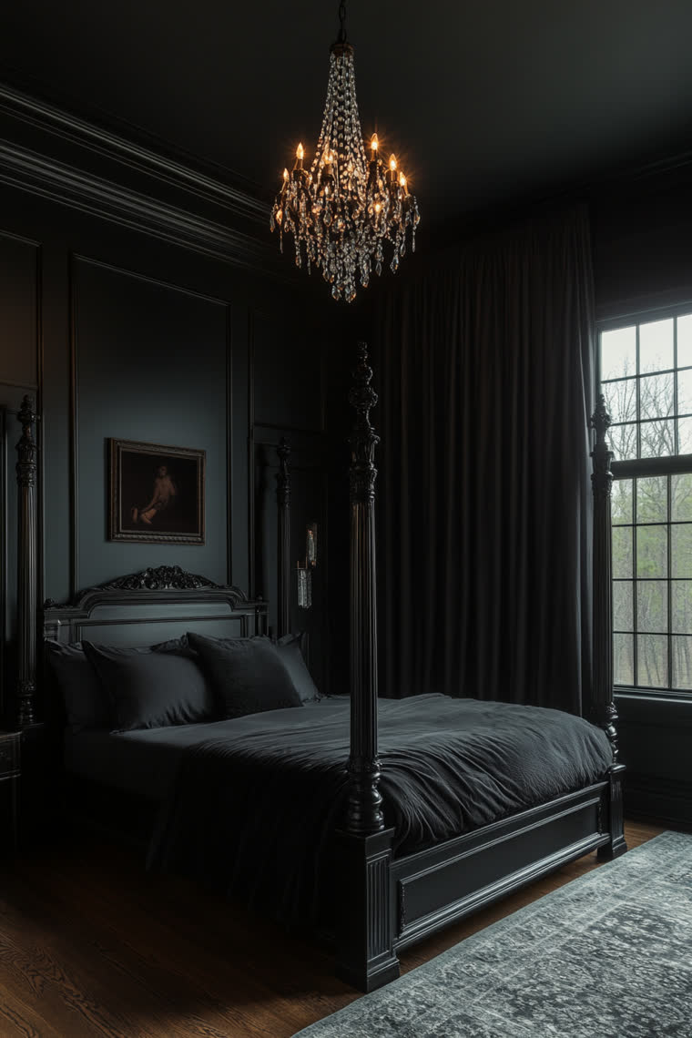 Black four-poster bed beneath a crystal chandelier, with a tall window and a framed portrait on the paneled wall