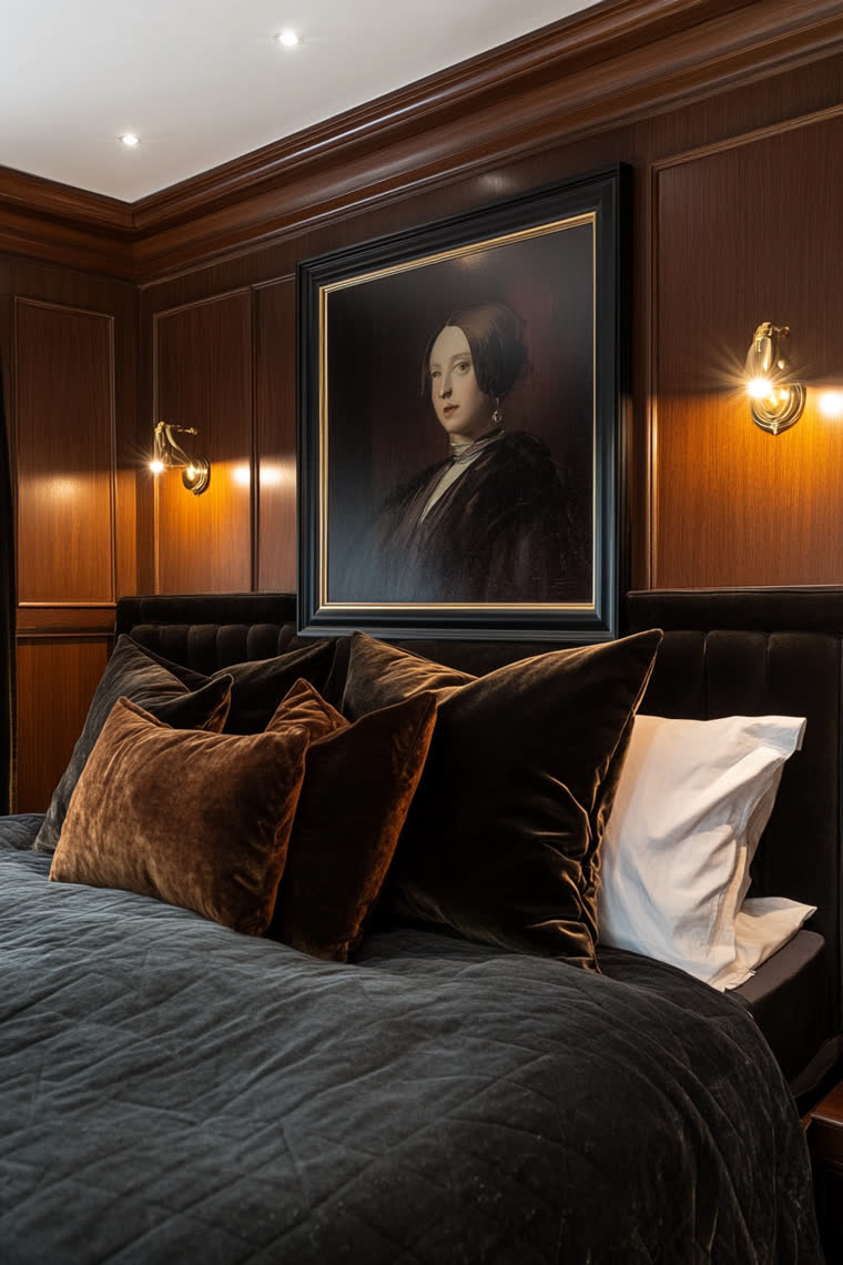 Close view of a bed dressed in brown velvet pillows and a navy quilt, beneath a gilt-framed portrait