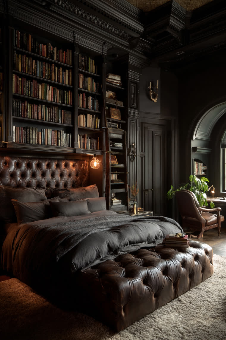 Black-paneled bedroom lined with bookshelves and a library ladder, anchored by a tufted leather headboard and bench