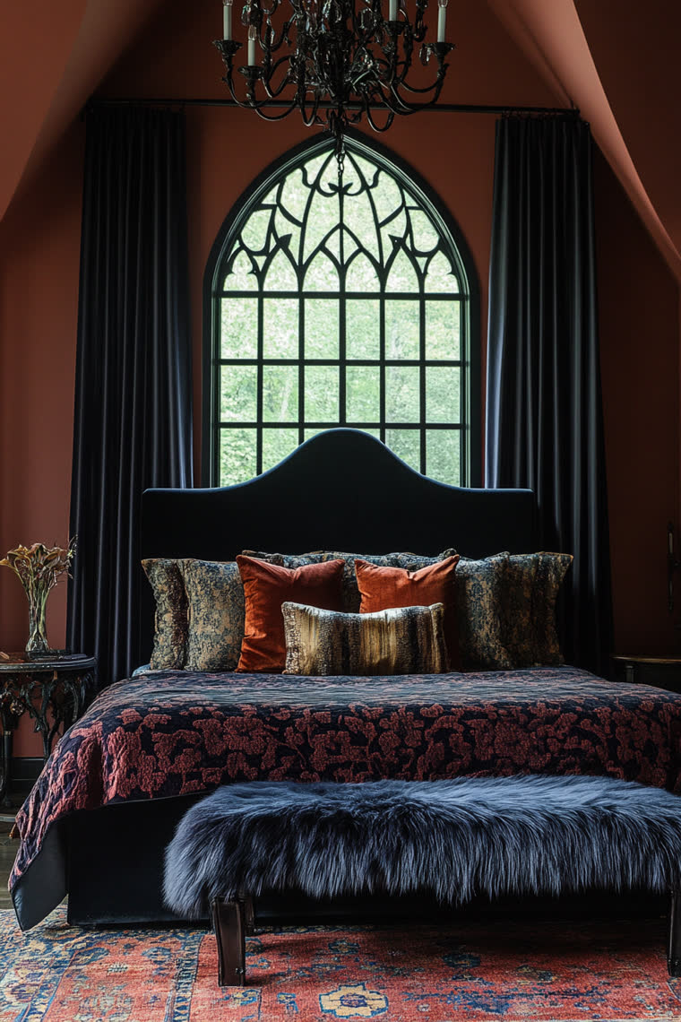 Gothic arched window behind a black velvet headboard, with terracotta walls, an iron chandelier and a fur bench