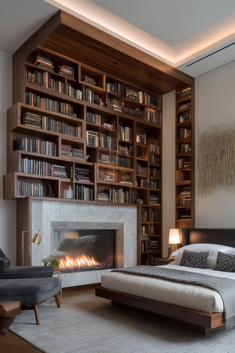Floor-to-ceiling walnut bookshelves wrap around a marble fireplace beside a neutral upholstered bed