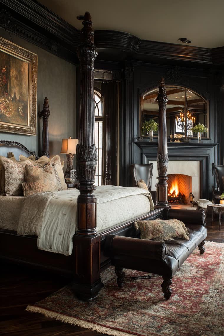 Carved dark four-poster bed facing a lit fireplace, with an arched mirror and leather bench on a faded red rug