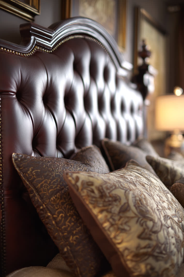 Close-up of a burgundy leather tufted headboard with brass nailhead trim and brocade pillows in the foreground