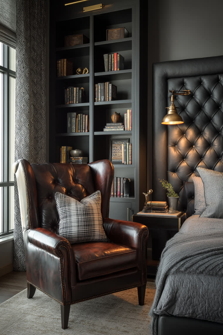 Brown leather wingback chair beside dark built-in bookshelves and a tufted black leather headboard